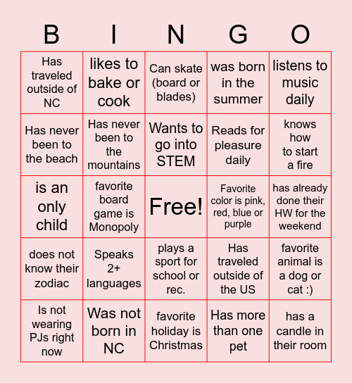 Know get each other bingo to 