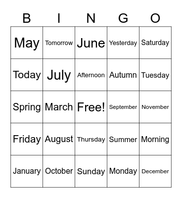 Calendar Bingo Card