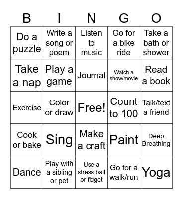 Coping Skills Bingo Card