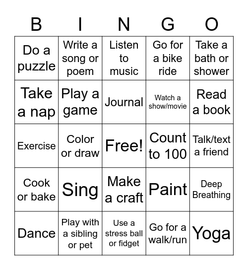 Coping Skills Bingo Card