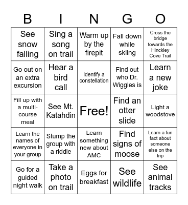 AMC Maine Woods Bingo Card