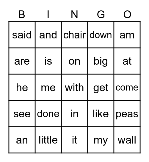 Sight workds Bingo Card