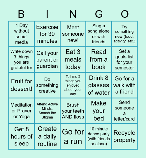 West 4th Healthy Habits Bingo Card