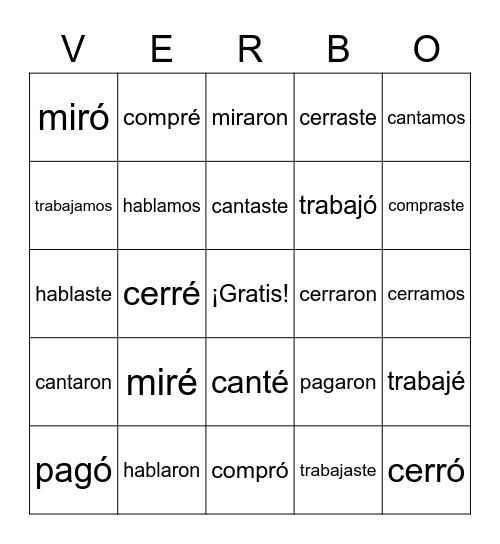 Los verbos en el pretérito -AR Bingo Card