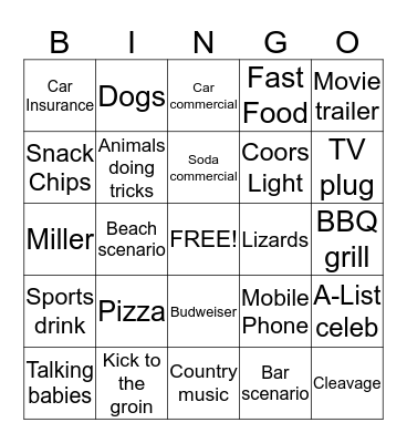 Super Bowl Commerical Bingo Card