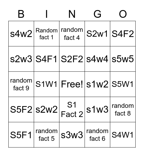 Bingo Sample Bingo Card