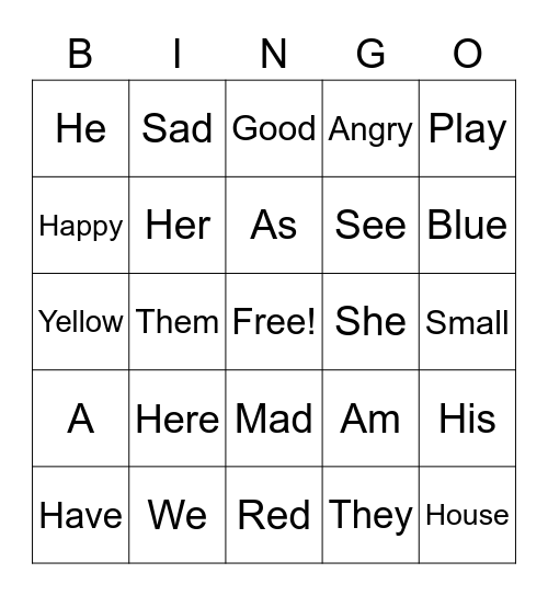 Sight Word Bingo Card