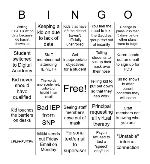 SLP Baddies Bingo Card