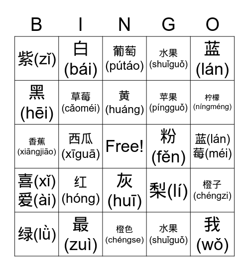 Color and Fruits in Chinese Bingo Card