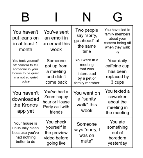 Socially Distant Bingo Card