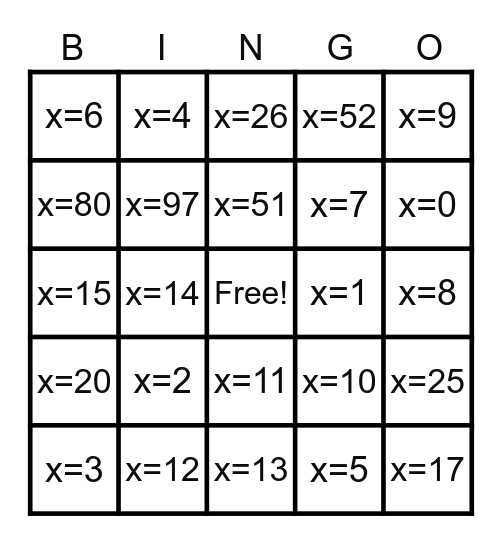 Solving for X Bingo Card