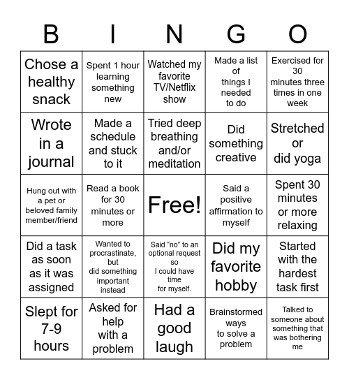 Stress Bingo Card