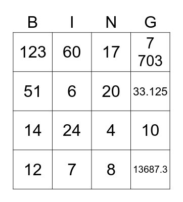 Number Bingo Card