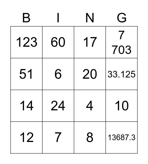 Number Bingo Card