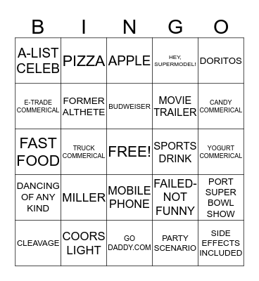 Super Bowl Commerical Bingo Card