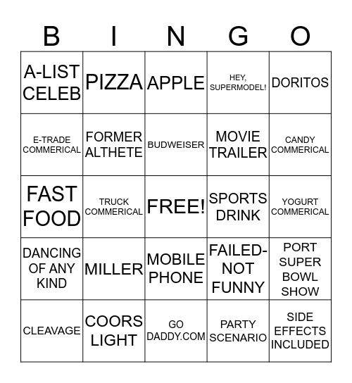 Super Bowl Commerical Bingo Card