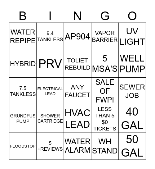 King of Plumbing Bingo Sheet Bingo Card