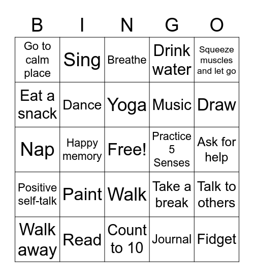 Coping Skill Bingo Card