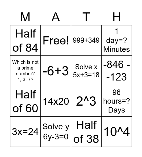 Mathnasium Bingo Card