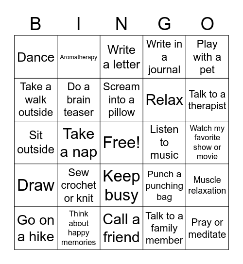 Coping Skills Bingo Card