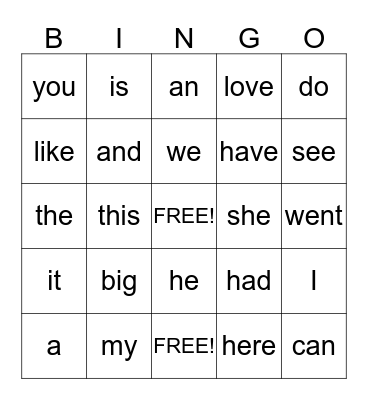 Nilah's Sight Words Bingo Card