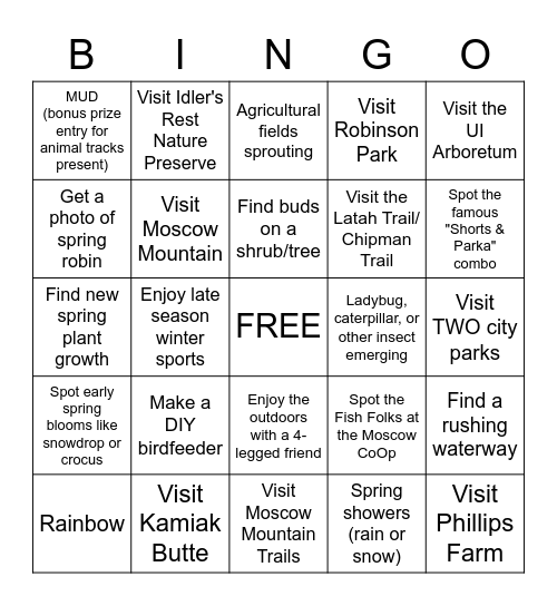 March Outdoor Madness Bingo Card