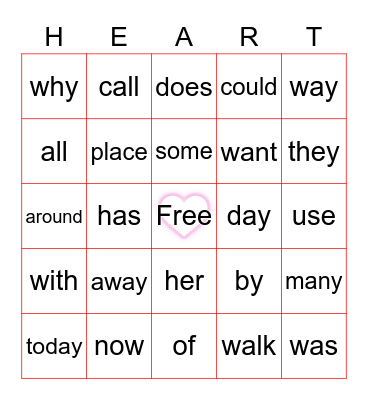 Valentines Sight Words Bingo Card