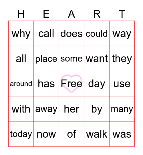 Valentines Sight Words Bingo Card