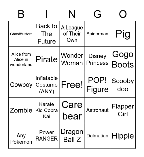 Costume Bingo Card