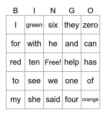 Sight Words Bingo Card