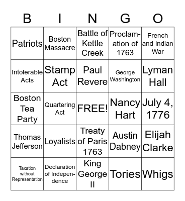 Revolutionary War Bingo Card