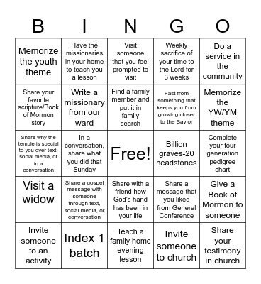Youth Battalion Challenges Bingo Card