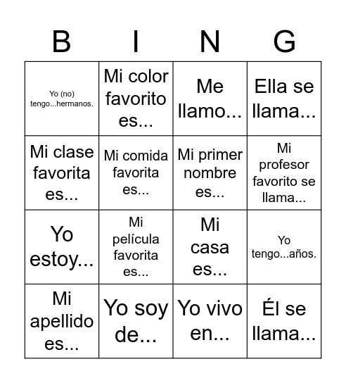 BINGO: Hablando en español Bingo Card