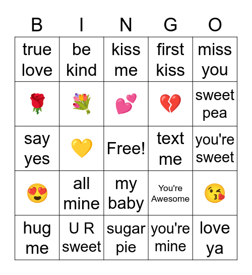 Valentine's Words and Emojis Bingo Card