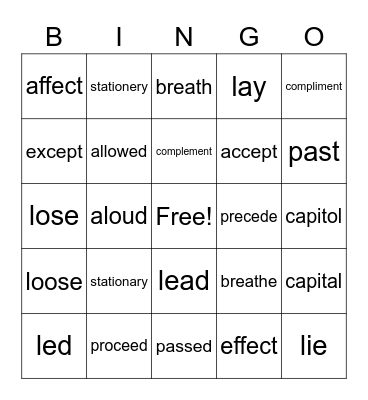 Confusing words Bingo Card