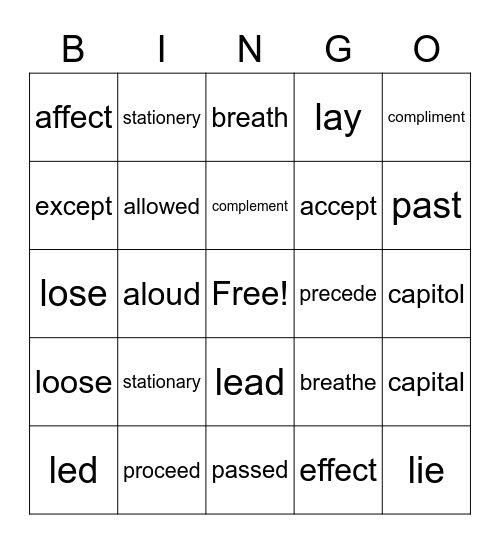 Confusing words Bingo Card