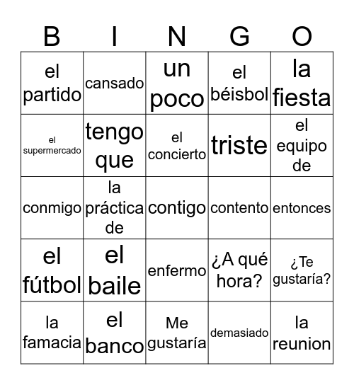 Lista # 15 Unit 4B Bingo Card