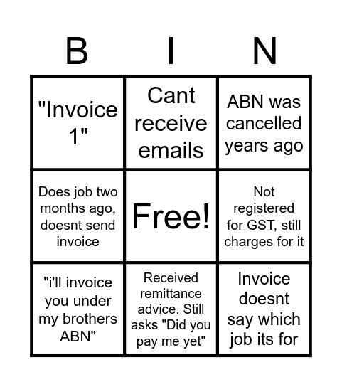 New Tradesman BINGO Card