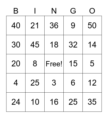 Multiplication Bingo Card