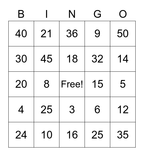Multiplication Bingo Card