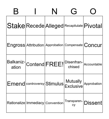 E3 Vocabulary Bingo Card