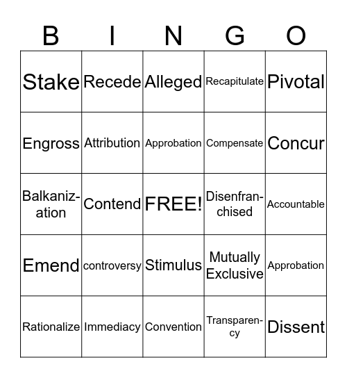 E3 Vocabulary Bingo Card