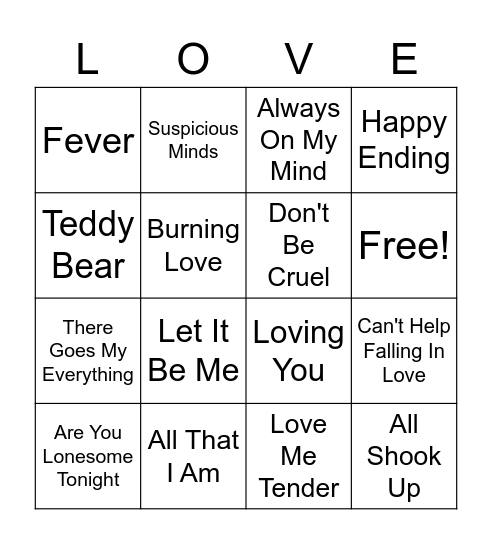 Elvis Love Songs Bingo Card