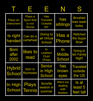 Teenager Bingo Card