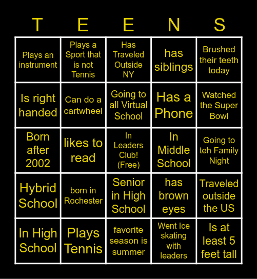 Teenager Bingo Card