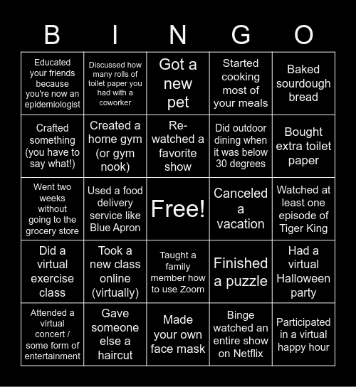 Social Distancing Bingo Card