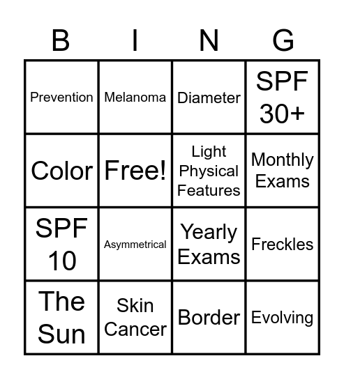 Skin Cancer Bingo Card