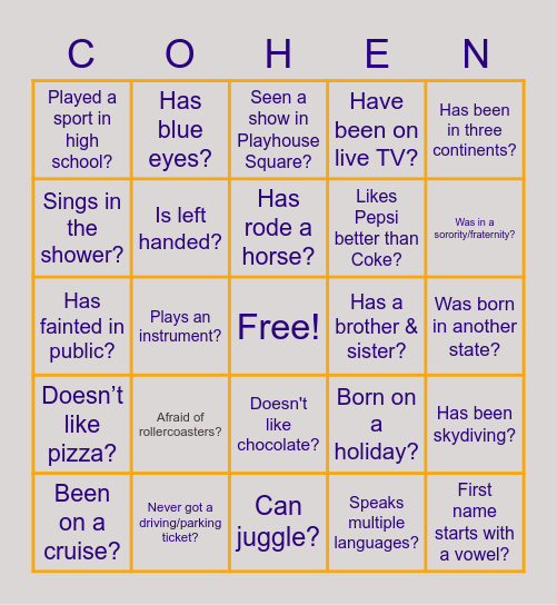 Cohen Happy Hour Bingo Card
