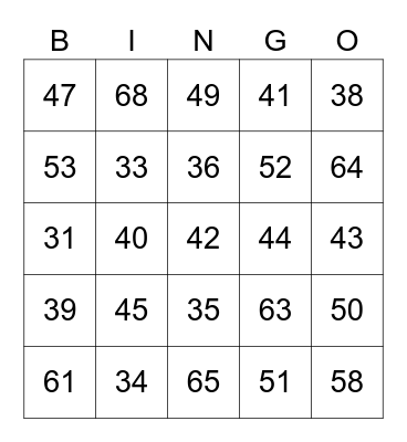 French Numbers 30 - 69 Bingo Card