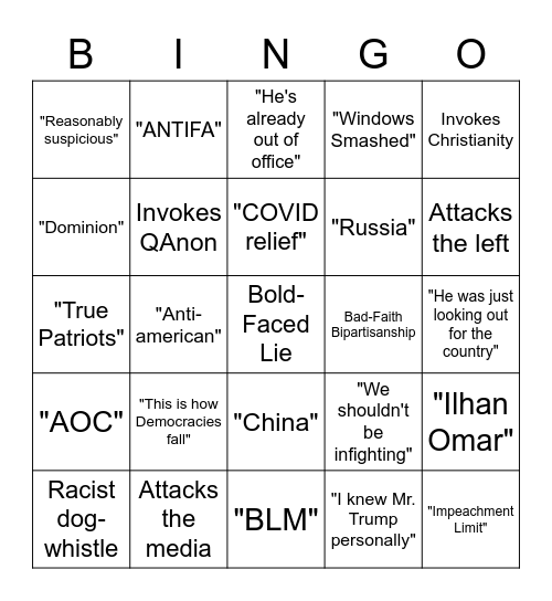 Trump Defense Bingo Card